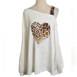 NORACORA Leopard Heart Off-Shoulder White Top Plus Size NWT
